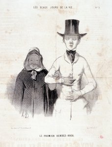 Karikatur über das Paar: Serie „Die schönen Tage des Lebens“: „Das erste Date“. Gravur von Honoré Daumier (1808-1879). Auszug aus der Zeitung „Le Charivari“, 2.-3. Januar. von Honoré Daumier