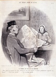 Karikatur über die Presse. Serie „Die schönen Tage des Lebens“: „Das immer monströsere Format...“. Gravur von Honore Daumier (1808-1879). Auszug aus der Zeitung „Le Charivari“ vom 18. Oktober von Honoré Daumier