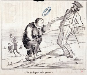Karikatur über Touristen im Urlaub. Serie Ax Bains de Mer: Die Flut, die es zurückbrachte, erschreckend! Gravur von Honore Daumier. Auszug aus der Zeitung Le Charivari von Honoré Daumier