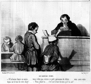 Karikatur von Daumier über Mais und Schulkinder. „Ein Freundschaftsdienst“: - Zumindest zur rechten Zeit... du bist nicht wie dieser faule kleine Julien... du kennst deine Lektion bis zur Fingerspitze! - Alter Trottel geht... es ist auf meiner Fingerspitze