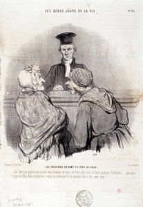 Karikatur über Nachbarschaftsbeziehungen. Serie „Die schönen Tage des Lebens“: „Nachbarn vor dem Friedensrichter...“ von Honoré Daumier