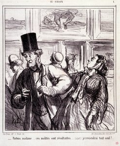 Karikatur über Kunstliebhaber. Serie „Im Salon“: „Lass uns gehen, Madam... diese Nacktheiten sind empörend... ich werde allein zurückkehren“