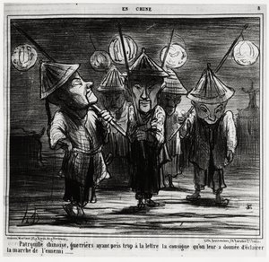 Chinesische Patrouille, Krieger, die die ihnen gegebenen Anweisungen zu wörtlich genommen haben, um den Marsch des Feindes zu beleuchten. In der Serie En Chine, Illustration von Honore Daumier (1808-1879), veröffentlicht in „Charivari“, datiert 25. Januar