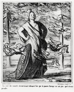 Europa: die Wolke von Enten verdunkelt die Luft so sehr, dass das arme Europa nicht mehr weiß, welchen Weg es nehmen soll. Illustration von Honore Daumier (1808-1879), veröffentlicht in den Nachrichten, „Charivari“, datiert 22. Oktober