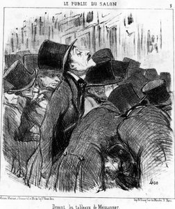 Vor den Gemälden von Meissonnier, aus „Gemälde und Salons“, Karikaturenserie von Honore Daumier (1808-1879). „Charivari“ von Honoré Daumier