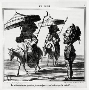 Diese lustigen Krieger denken nur daran, die Sonne zu bekämpfen. In der Serie En Chine, Illustration von Honore Daumier (1808-1879), veröffentlicht in „Charivari“, datiert 8. Januar