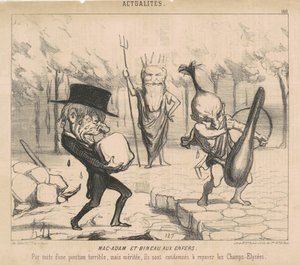 Mac-Adam [sic] und Bineau in der Hölle. Aufgrund einer schrecklichen, aber verdienten Strafe sind sie dazu verurteilt, die Champs Elysées neu zu pflastern. von Honoré Daumier