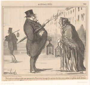 Monsieur Prudhomme und eine alte Frau mit Laterne und Regenschirm