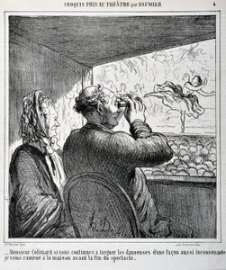 Herr Colimard, wenn Sie die Tänzerinnen weiterhin auf so unangemessene Weise betrachten, werde ich Sie vor dem Ende der Vorstellung nach Hause bringen. Gravur von Honore Daumier in Le Charivari. Palais Longchamp, Musee des Beaux Arts de Marseille