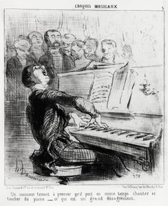 Musikalische Skizzen: ein Herr, der beweisen möchte, dass er gleichzeitig singen und Klavier spielen kann, was sehr unelegant ist. Illustration von Honore Daumier (1808-1879), veröffentlicht in „Charivari“, datiert 17. Februar 1852 von Honoré Daumier