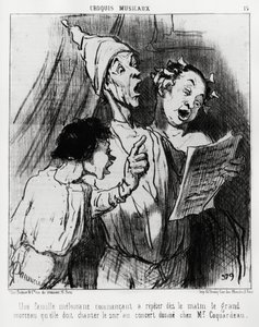 Musikalische Skizzen: eine melomanische Familie beginnt am Morgen das große Lied zu wiederholen, das sie am Abend beim Konzert für Herrn Coquardeau singen mussten. Illustration von Honore Daumier (1808-1879), veröffentlicht in „Charivari“, datiert 3. März von Honoré Daumier