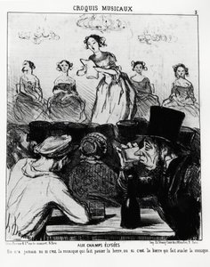 Musikalische Skizzen: auf den Champs Elysees wusste man nie, ob es die Musik ist, die das Bier durchlässt, oder das Bier, das die Musik schluckt. Illustration von Honore Daumier (1808-1879), veröffentlicht in „Charivari“, datiert 12. Februar 1852