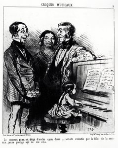 Musikalische Skizzen: das Lied, das man nach dem Abendessen schlucken muss: Sonate, ausgeführt von der Tochter des Hauses, einem jungen Wunderkind im Alter von sechs Jahren. Illustration von Honore Daumier (1808-1879), veröffentlicht in „Charivari“, datier von Honoré Daumier