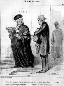 Mein lieber Herr, es ist absolut unmöglich für mich, Ihrem Geschäft zu gefallen... Ihnen fehlen die wichtigsten Teile... (nebenbei) die Münzen!... , aus der Serie „Gens de Justice“, Karikaturen über die Justiz von Honore Daumier (1808-1879). „Charivari“