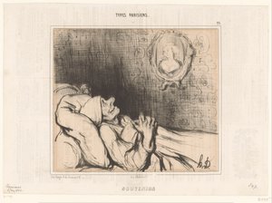 Alter Mann im Bett starrt auf Porträt einer jungen Frau (Souvenirs, Parijse types)
