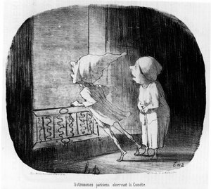 Pariser Astronomen beobachten den Kometen, aus „Astronomie“, einer Serie von Karikaturen über Astronomen und den Kometen von Honore Daumier (1808-1879). „Charivari“