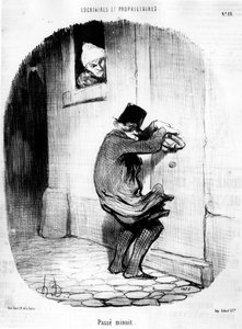 Nach Mitternacht. Mann kehrt spät zum Mieter zurück, aus „Tenants et Owners“, Karikaturserie von Honore Daumier (1808-1879). „Charivari“