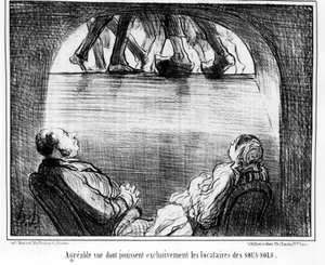 Angenehme Aussicht, die ausschließlich den Mietern der Keller vorbehalten ist, aus „Mieter und Eigentümer“, Karikaturenserie von Honore Daumier (1808-1879). „Charivari“