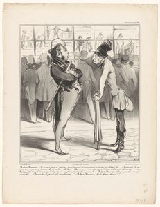 Robert-Macaire im Gespräch mit Bertrand vor dem Schaufenster eines Druckhandels