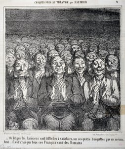Skizze im Theater: Es wird gesagt, dass Pariser schwer zufrieden zu stellen sind, auf diesen vier Bänken kein Unzufriedener, es ist wahr, dass all diese Franzosen Römer sind. Gravur von Honore Daumier in Le Charivari. Palais Longchamp, Musee des Beaux Arts von Honoré Daumier