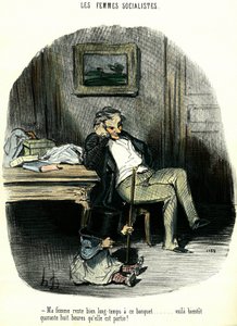 Sozialistische Frauen. Antifeministische Karikatur, die einen Mann mit seinem Kind zeigt, der auf seine seit zwei Tagen vermisste Frau wartet. Lithografie von Honoré Daumier (1808-1879) 19. Jahrhundert Private Sammlung