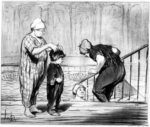 Schwimmbad: Illustration aus der Serie „Summer sketch“ von Karikaturen über Schwimmen und das Vier-Pfennig-Bad von Honore Daumier. „Charivari“, um 1850 von Honoré Daumier
