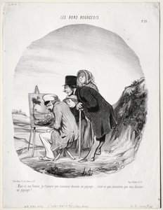 Der gute Bürger, Tafel 23: "Aber ja, meine Liebe, ich versichere dir, dass dieser Herr eine Landschaft zeichnet...ist es nicht so, Herr, dass Sie eine Landschaft zeichnen?"