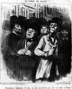 Das Publikum der Show. Klassische Amateure zunehmend überzeugt, dass die Kunst in Frankreich verloren geht, aus „Gemälde und Salons“, Karikaturenserie von Honore Daumier (1808-1879). „Charivari“