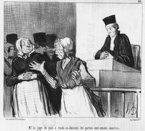 Der Friedensrichter hat seine Entscheidung getroffen, die Parteien sollen versöhnt sein..., Karikatur von Honore Daumier (1808-1879). „Charivari“