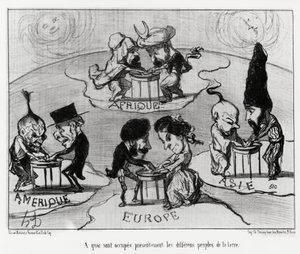 Tischdrehen (Fluidomanie): womit sich die verschiedenen Völker der Erde derzeit beschäftigen. Illustration von Honore Daumier (1808-1879), veröffentlicht in den Nachrichten, „Charivari“, datiert 22. Juni von Honoré Daumier