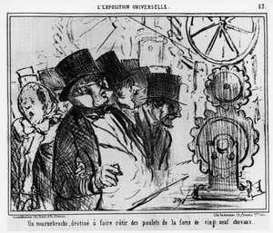 Weltausstellung: ein Plattenspieler, entworfen, um Hühner mit der Kraft von neunundzwanzig Pferden zu braten. Illustration von Honore Daumier (1808-1879), veröffentlicht in den Nachrichten, „Charivari“, datiert 20. Juli 1855 von Honoré Daumier