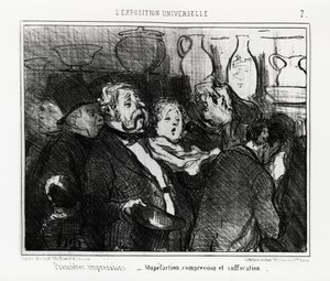 Weltausstellung: erste Eindrücke: Verblüffung, Kompression und Erstickung. Illustration von Honore Daumier (1808-1879), veröffentlicht in den Nachrichten, „Charivari“, datiert 24. Mai 1855