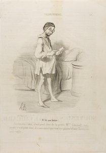 (Er liest einen Brief) „Ein Rendezvous, könnte es von der süßen Mme Giraud sein?? Ja, aber es könnte auch von ihrem Ehemann kommen, der mich kneifen will…,“ Platte 8 aus Coquetterie von Honoré Victorin Daumier