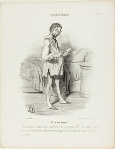 (Er liest einen Brief) „Ein Rendezvous, könnte es von der süßen Mme Giraud sein?? Ja, aber es könnte auch von ihrem Ehemann kommen, der mich kneifen will…“, Platte 8 aus Coquetterie von Honoré Victorin Daumier