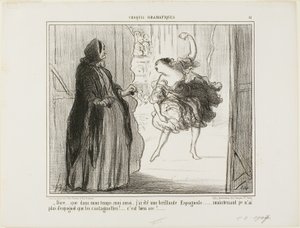 „- Schwer vorstellbar, dass ich in meinen Tagen auch eine gefeierte spanische Tänzerin war... heutzutage sind nur noch meine Kastagnetten spanisch... was für ein Ärger...,“ Platte 11 aus Croquis Dramatiques von Honoré Victorin Daumier