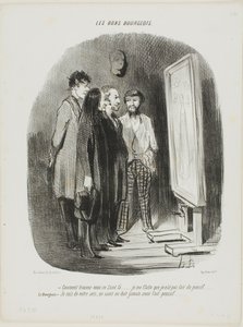 „- Wie finden Sie diesen Heiligen dort.... Ich habe versucht, ihn nicht zu konventionell aussehen zu lassen.... Der Bourgeois: - Ich stimme zu, ein Heiliger sollte nie kurzatmig aussehen,“ Tafel 80 aus Les Bons Bourgeois von Honoré Victorin Daumier