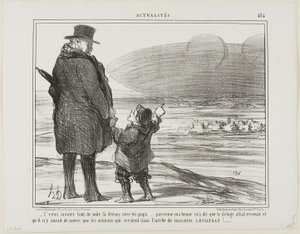 „- Ich möchte sofort mit dir auf dieses Schiff gehen, Papa, meine Nanny sagte, dass die Sintflut wiederkommen wird, und die einzigen, die gerettet werden, werden die Tiere auf der Arche von Herrn Leviathan sein!“, Tafel 484 aus Actualités von Honoré Victorin Daumier