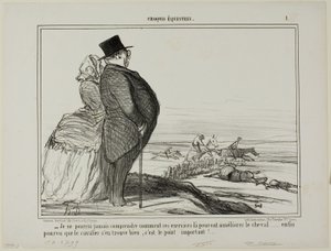 „- Ich werde nie verstehen, wie diese Übungen den Zustand eines Pferdes verbessern sollen... das Einzige, was wirklich zählt, ist, dass sich der Reiter gut fühlt,“ Tafel 1 aus Croquis Équestres
