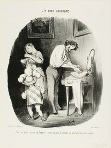 „- Ist er nicht süß so, Dodore... mit ein wenig Aufräumen ist er einfach nicht mehr dasselbe Kind!...“, Platte 37 aus Les Bons Bourgeois von Honoré Victorin Daumier
