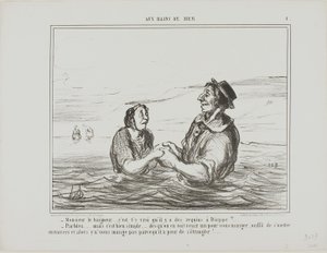 „- Herr Bademeister... stimmt es, dass es Haie in Dieppe gibt? - Natürlich... aber es ist ganz einfach... sobald Sie einen kommen sehen, um Sie zu fressen, müssen Sie sich nur seitlich hinlegen. Er wird Sie nicht fressen, aus Angst zu ersticken“, Tafel 1 a
