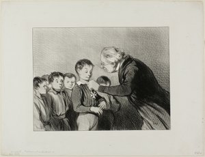 „- Herr Alfred Cabassol! Sie sind der Einzige in der Klasse, der es geschafft hat, die ganze Woche zu überstehen, ohne sich in den Ärmel zu schnäuzen. Bitte stehen Sie auf, um diesen Ehrenpreis für Sauberkeit zu erhalten,“ Tafel 6 aus Professeurs Et Moutar von Honoré Victorin Daumier
