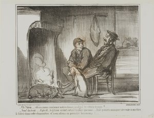 „- Und jetzt? Jagen wir weiter im Regen? - Keineswegs! Die Tiere haben genauso Angst vor dem Regen wie wir. Sie könnten diesen Unterschlupf nicht finden, und wir würden zu viele von ihnen verlieren!“, Platte 5 aus Croquis De Chasse von Honoré Victorin Daumier