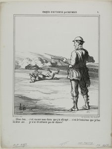„- Oh Mist! .... es ist wieder mein eigener Hund, den ich erschossen habe..... das ist der dritte in zwei Jahren.... Ich habe wirklich kein Glück beim Jagen!“, Platte 6 aus Croquis D