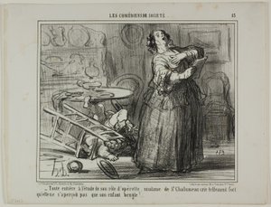 - Von ihrer Operettenrolle eingenommen, schreit Madame de St. Chalumeau so laut, dass sie das Gebrüll ihres Kindes nicht bemerkt, Platte 13 aus Les Comédiens De Société von Honoré Victorin Daumier