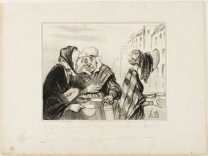 „- Was für ein Aufhebens macht dieses sauertöpfische Gesicht aus dem fünften Stock! Einen Hut tragen, nur um zwei Tassen Milch für einen Sou zu kaufen! - Oh, Madame Capitaine, heute sind wir aber schick...,“ Platte 36 Typen Parisiens