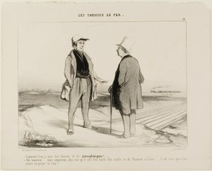 „- Was meinen Sie, es wird bald Luftzüge geben? - Aber natürlich, Monsieur... sehen Sie, es wird dann sehr einfach sein, eine Verbindung zwischen Dover und Calais herzustellen... aber natürlich ist das Projekt noch in der Luft schwebend,“ Platte 14 aus The