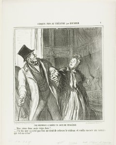 Ein Missverständnis im Odeon, an einem Tag des Dramas. „- Komm schon, komm schon, lass uns gehen! - Ich sage dir, es ist noch nicht vorbei. Der Vorhang ist wieder hochgegangen und es ist noch Römer auf der Bühne,“ Platte 4 aus Croquis Pris Au Théâtre par D