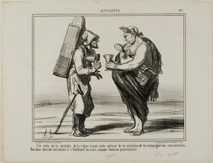 Als Folge der Weinkrankheit, aber auch wegen der Gründung der „Gesellschaft zur Herstellung von künstlichem Wein“, entscheidet sich sogar Bacchus, auf Kokosnusswasser als tägliches Getränk umzusteigen, Platte 407 aus Actualités