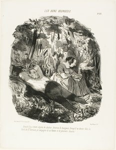 Bei 30°C, glücklich derjenige, der entkommen und im Wald von Saint-Germain mit seiner Frau und ein paar Eidechsen dösen kann, Tafel 27 aus Les Bons Bourgeois von Honoré Victorin Daumier