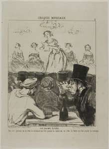 Auf den Champs-Elysées. Es war nie ganz klar, ob die Musik das Bier hinuntergehen lässt oder das Bier, das die Musik schlucken lässt, Platte 3 aus Croquis Musicaux von Honoré Victorin Daumier